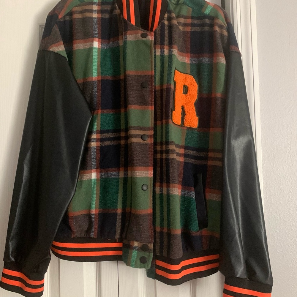 Plaid Varsity Jacket with Navy Blue Sleeves